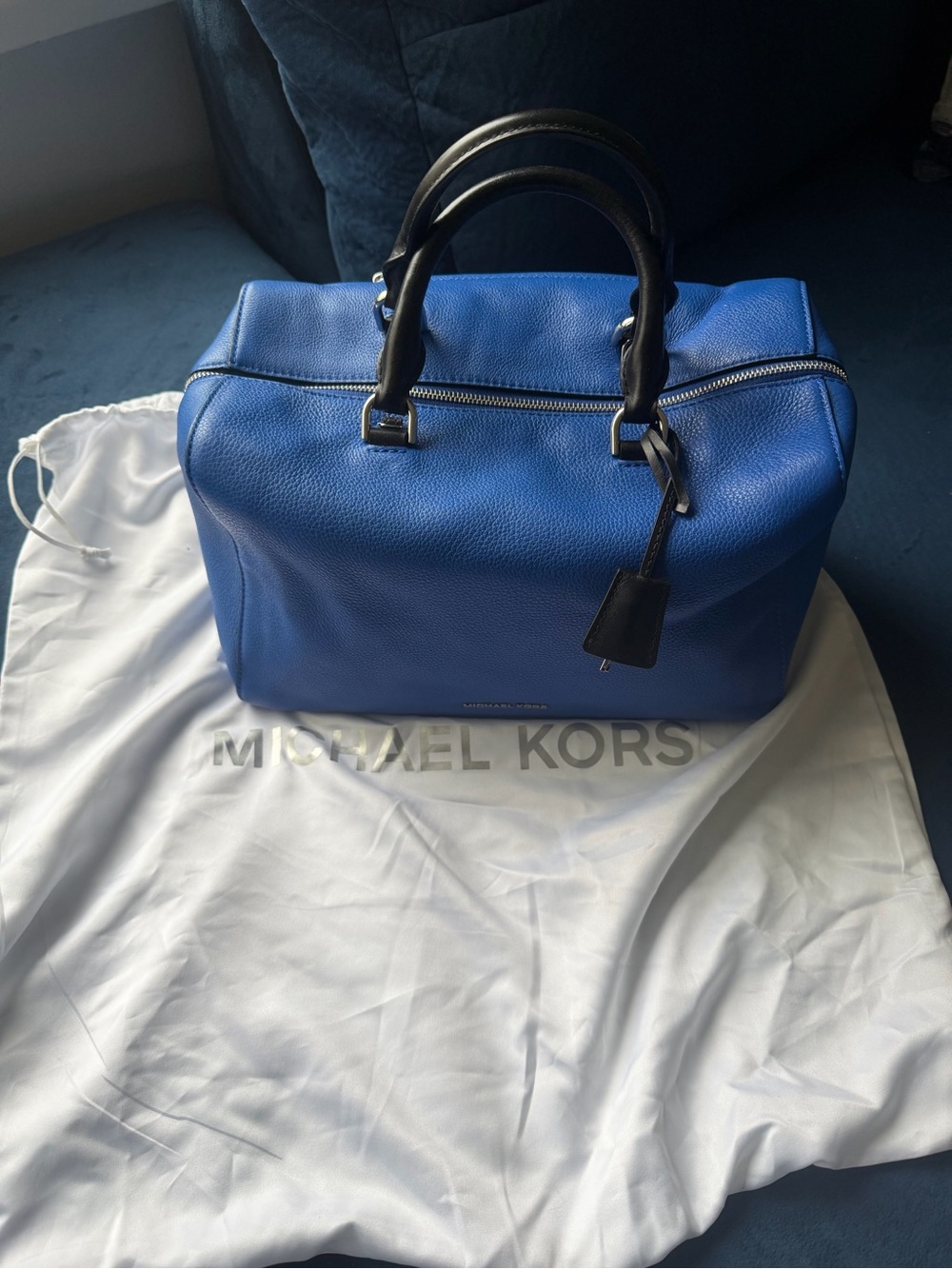 Michael Kors Kirby Royal Blue Leather Satchel with Black Handles